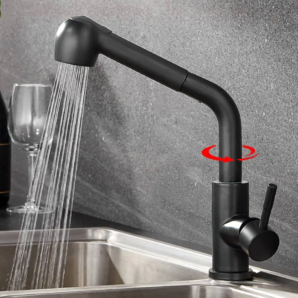 Pull Out Kitchen Faucet Black 304 Stainless Steel Deck Mounted Flexible Stream Sprayer Head Mixer Hot and Cold Water Sink Tap