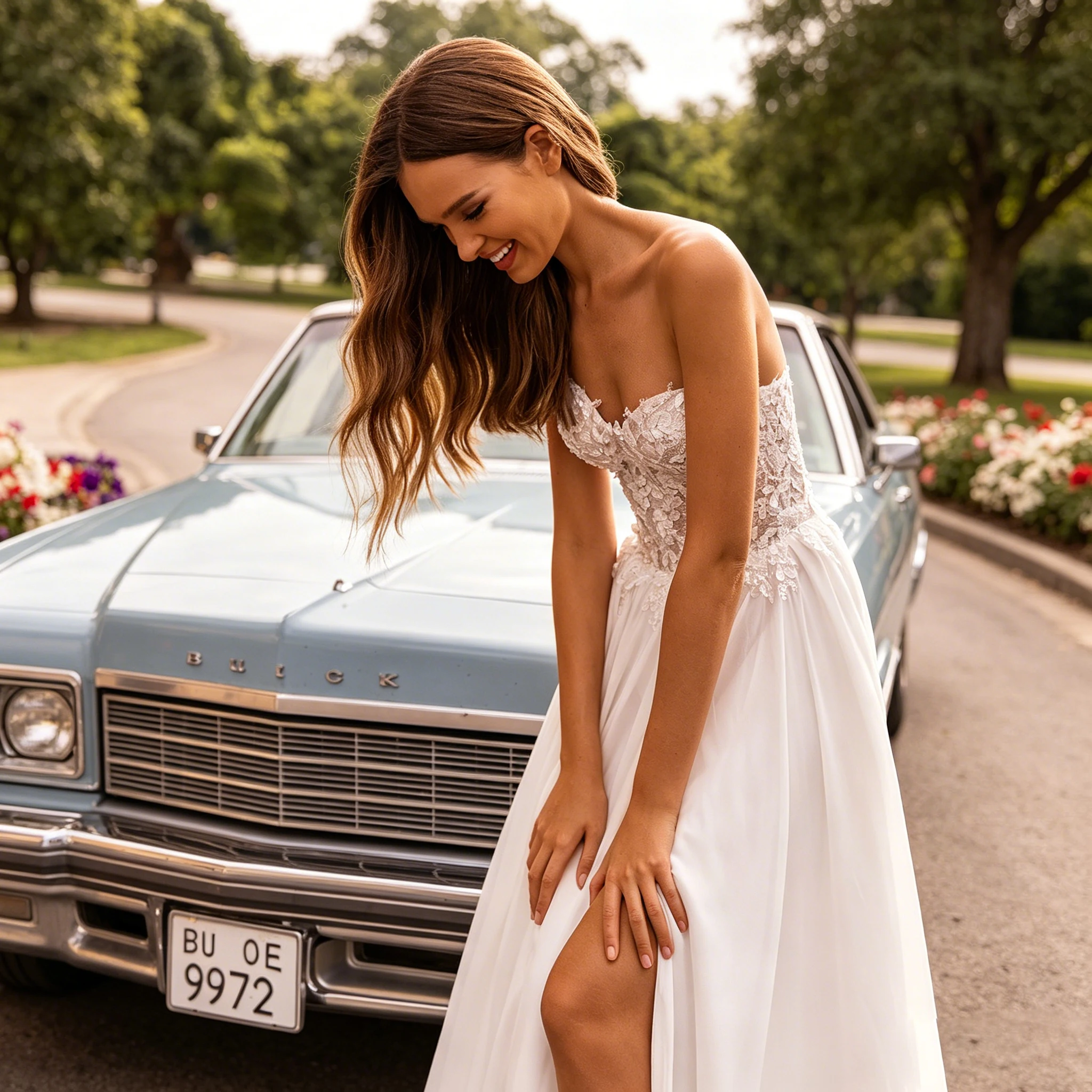Strapless Lace Bodice Chiffon Wedding Dress High Slit A Line Long Train Ivory Bridal Gown Custom Plus Size Beach Outdoor Shoot