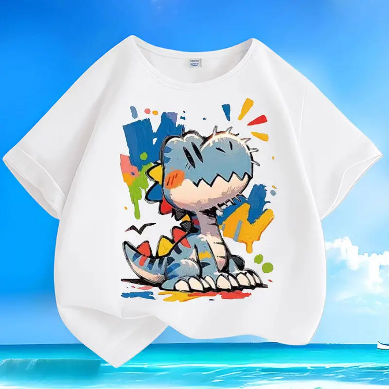 Summer New Cartoon Graffiti Dinosaur Short Sleeved Children's Round Neck Loose Parent-child T-shirt Casual Top