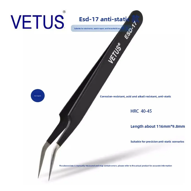 VETUS ESD-17 High Precision Anti Static Tweezers 302 Stainless Steel Anti Magnetic Acid Resistant Watch Repair Tool