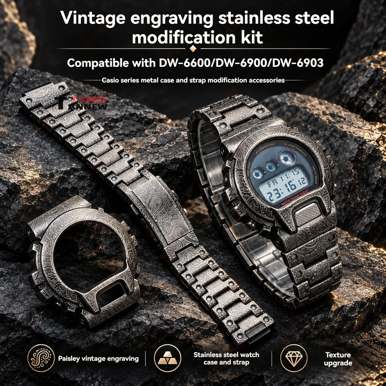 Stainless Steel Paisley Mod Kit for Casio G-Shock DW-6600 DW-6900 DW-6903 Vintage Engraved Metal Case Watch Band Set