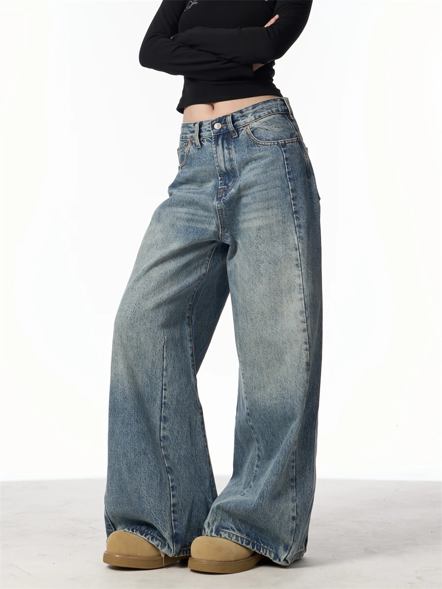 

Spring Vintage Deconstructed A-Line Denim Jeans Women's Loose Wide Leg Floor-Length Pants Blue Natural Waist Long Trousers