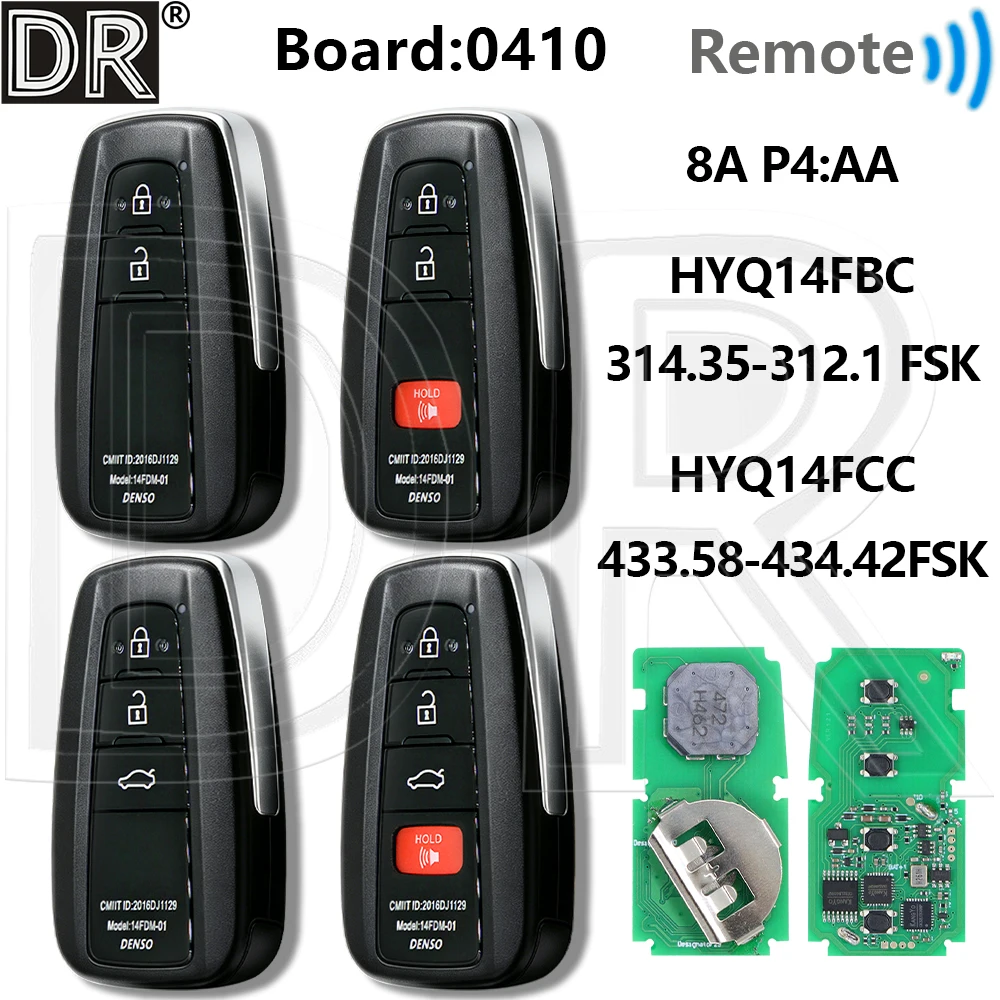 Great 8A Chip 0410 14FCC 433.58-434.42MHz HYQ14FBC 314.35-312.1MHz P4:AA Proximity SmaCar Remote Key For Toyota Avalon 2019-2023