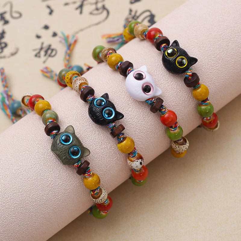 Cute Big Eyed Cat with Colorful Woven Drawstring Ceramic Bracelet Vintage Jingdezhen Handmade Bead String Jewelry Accessories