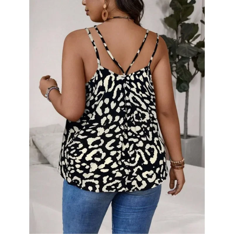 حجم كبير 1XL-5XL جديد المرأة الصيف عطلة تانك القمم السيدات ليوبارد مطبوعة حبال سبليت الشاطئ سترة الملابس النسائية