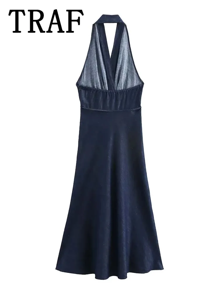 TRAF Denim Long Dresses For Women Halter Tied Midi Dress Woman 2024 Summer Streetwear Casual Midi Dress Backless Sexy Dresses