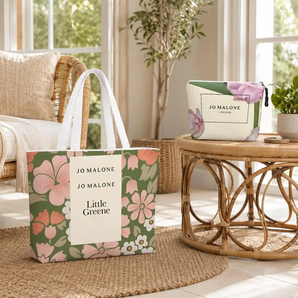 Luxury Fragrance J-Jo Malone Storage Bags 2-Piece Canvas Tote Bag Set Double-Sided Print with Zipper Pouch Travel Gift for Women
