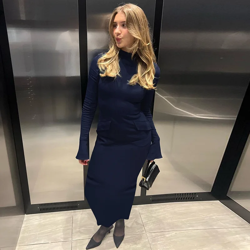 DSMTRC estilo francés otoño manga larga acampanada azul marino ajustado vestido Midi de trabajo para mujer cuello medio alto batas básicas de Color sólido