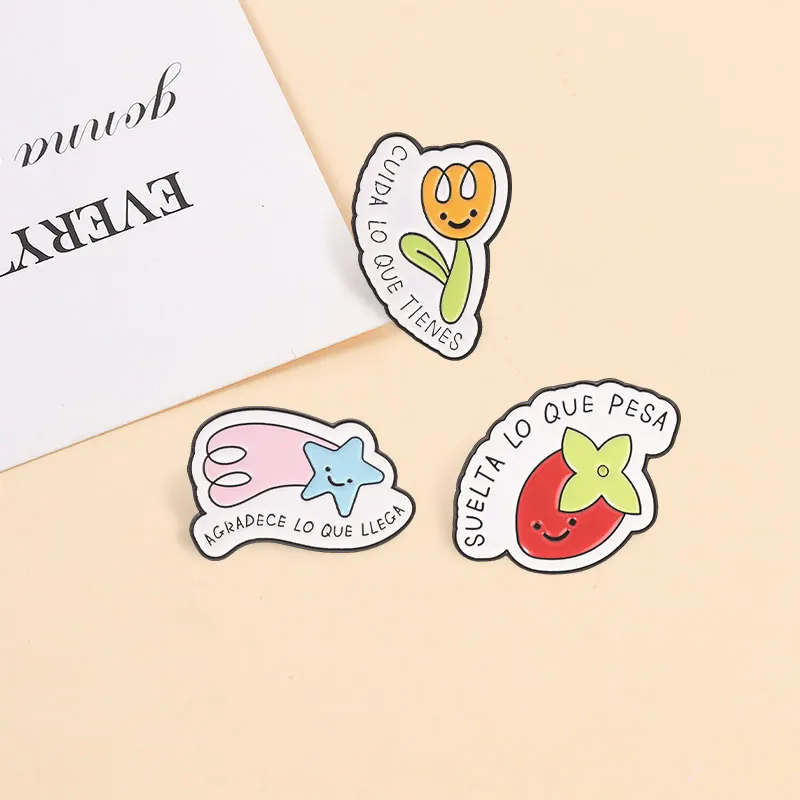 Spanish Positive Quote Enamel Pins CUIDA LO QUE TIENES Cute Tulip Carambola Cartoon Fruit Brooches Lapel Badge Jewelry Gifts