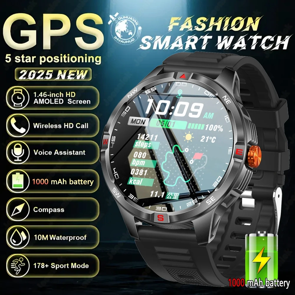 

Outdoor Military Men's New Smart Watch 1000mAh Battery GPS Compass Waterproof Sports Fitness 1.46‘’ HD Bluetooth Call Smartwatch