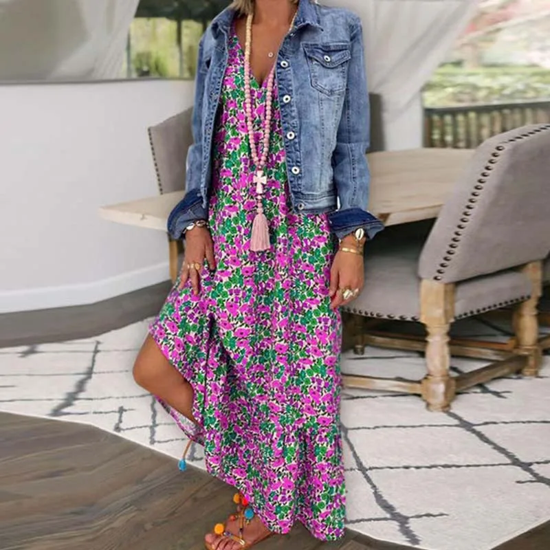 Elegante flor impressão solta suspensórios vestido de verão sexy profundo decote em v sem mangas bohe vestido longo 2023 moda feminina vestidos de festa