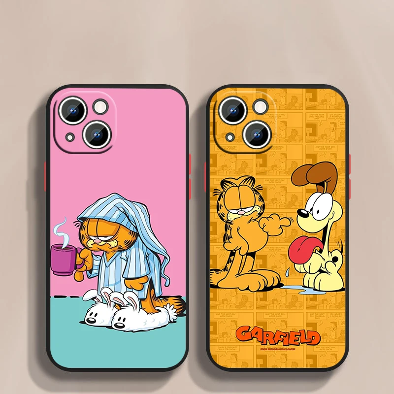 Cute Garfield For iPhone 15 Ultra 14 13 12 11 Mini XS XR X 8 7 Pro Max Plus Frosted Translucent Phone Case