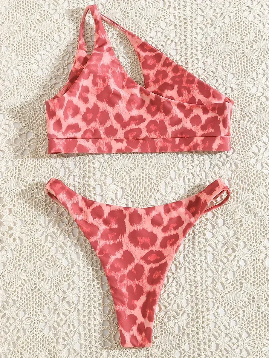 2026 Asymmetric Leoaprd One Shoulder Bikini Female Swimsuit Women Swimwear Two-pieces Bikini Set Bather Bathing Suit Swim Lady