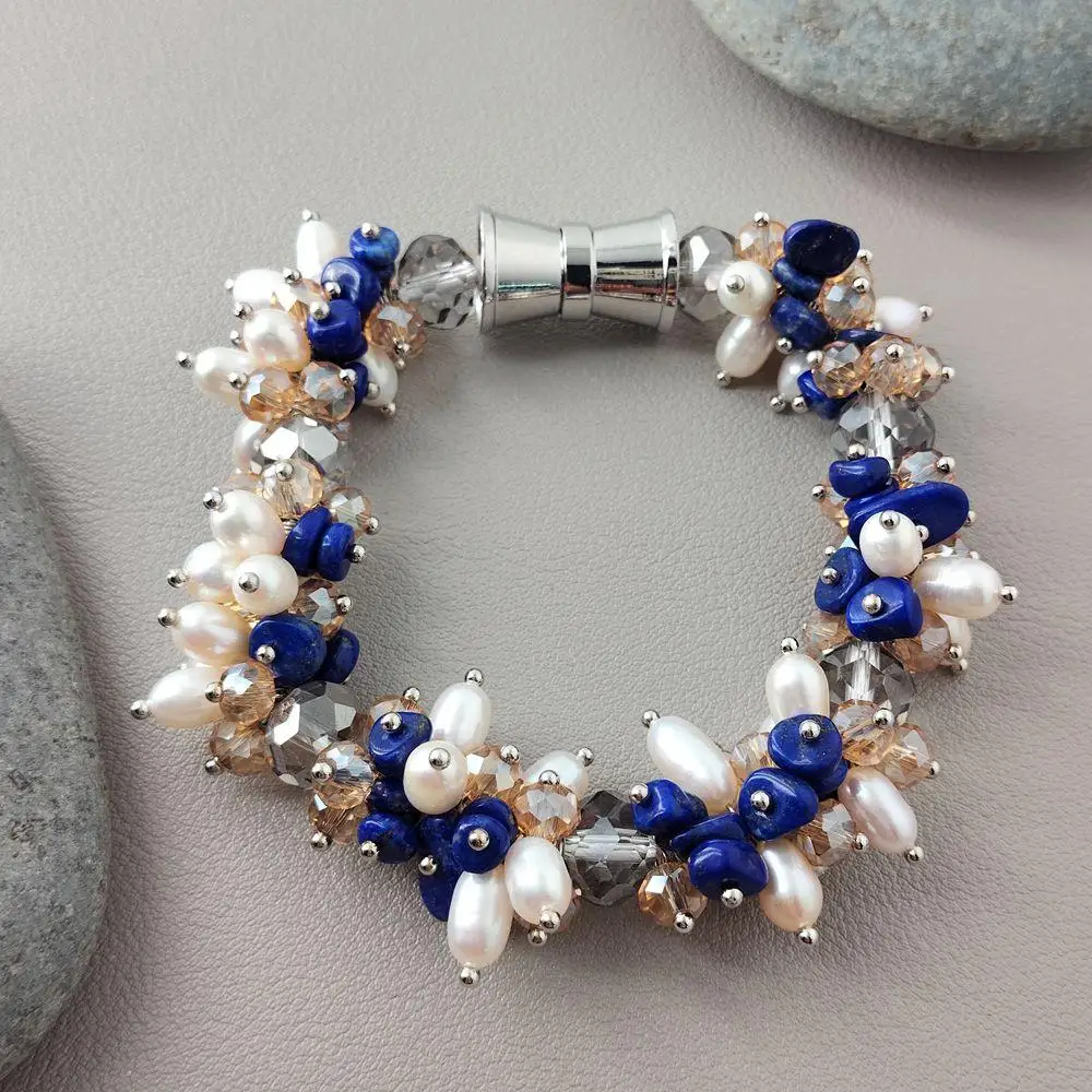 YYGEM 6mm Faceted Rondelle Blue Grey White Crystal Wrap Bracelet 6