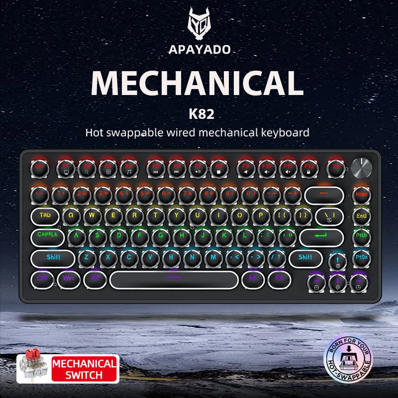 

K82 Mechanical Keyboard APAYADO Features a Black Punk Style,an 82-key Layout,and Full-key Hot-swappable RGB Backlighting
