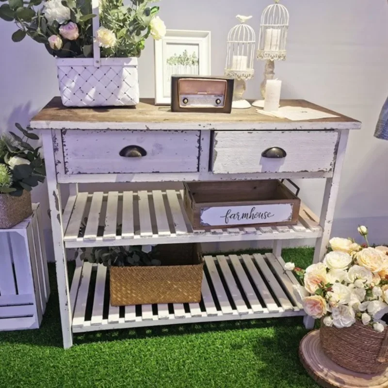 Antique shabby pastoral retro old solid wood flower stand outdoor gardening table coffee shop bar shop decoration entrance