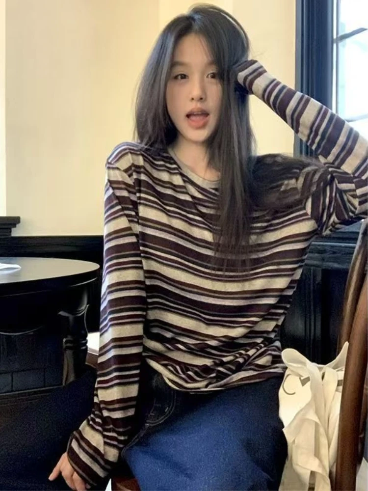 Women Long Sleeve Striped T Shirt Korean Campus Fashion Autumn Loose Slimming Top Casual Oversized Tee Trendy Blouse for Girls