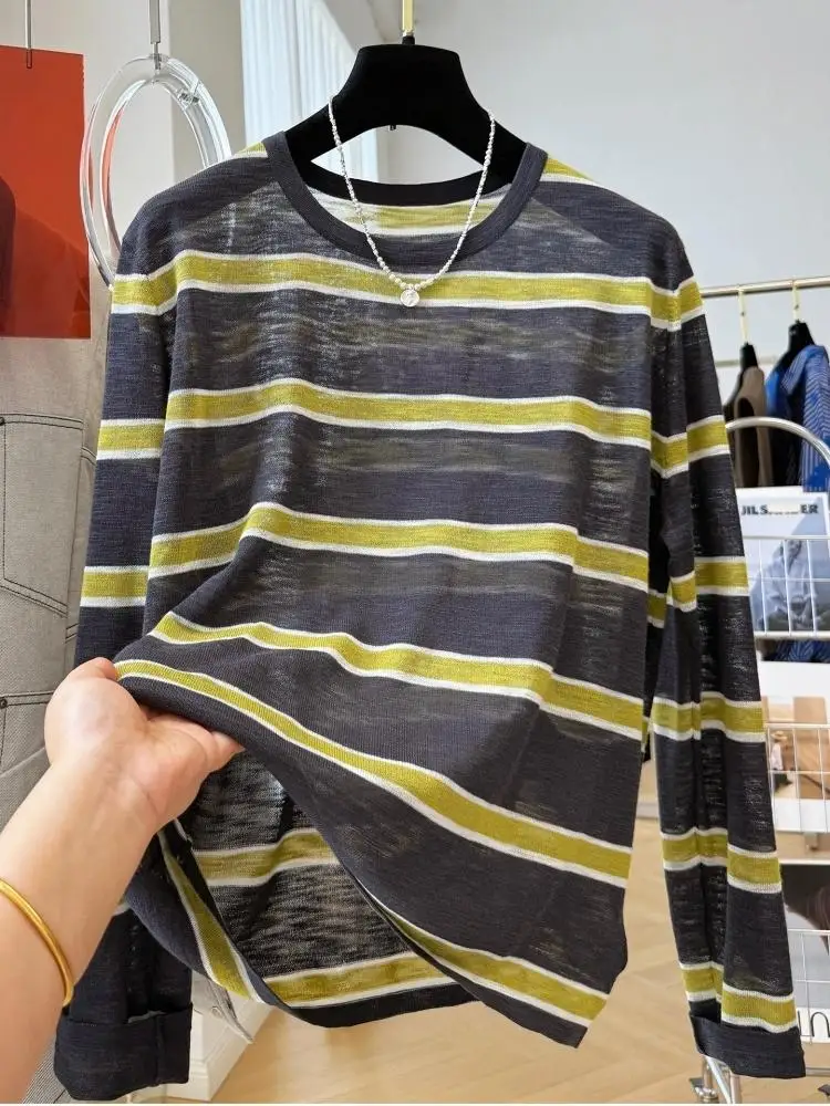 Women Autumn Long Sleeve Knit Top Korean Style Color‑Block Stripe Loose Pullover Protection Shirt Casual Ladies Blouse