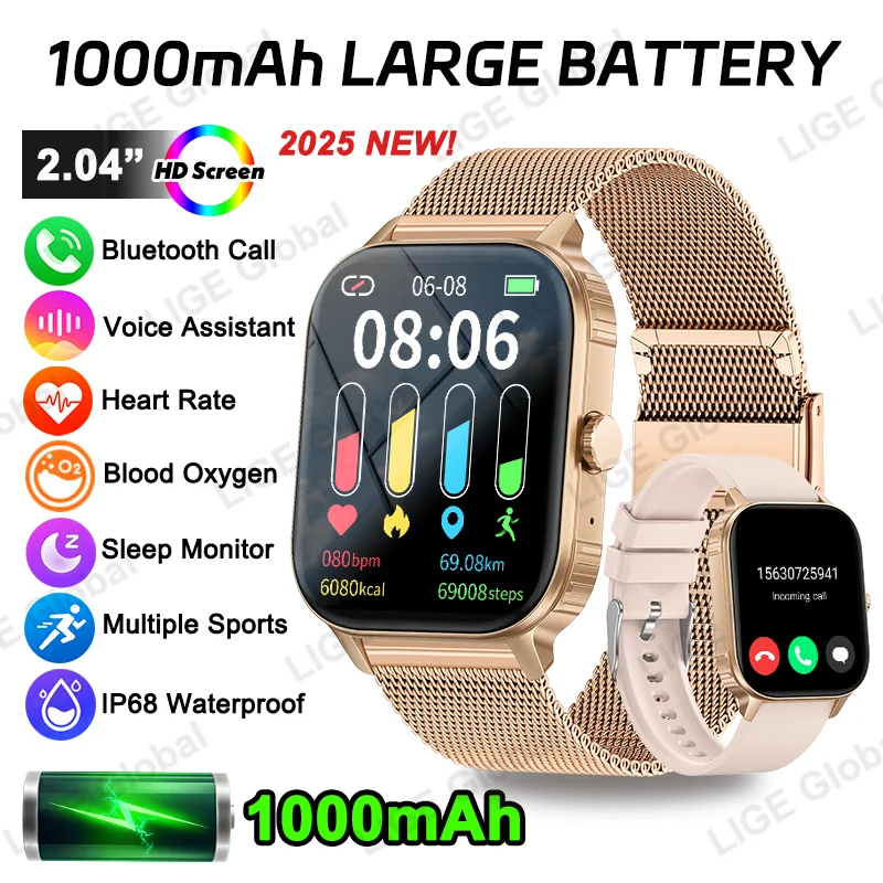 

LIGE New 1000mAh Battery Smart Watch Men Women 2.04" HD Large Screen Hear Rate Blood Oxygen Bluetooth Call Smartwatch 100+ Sport