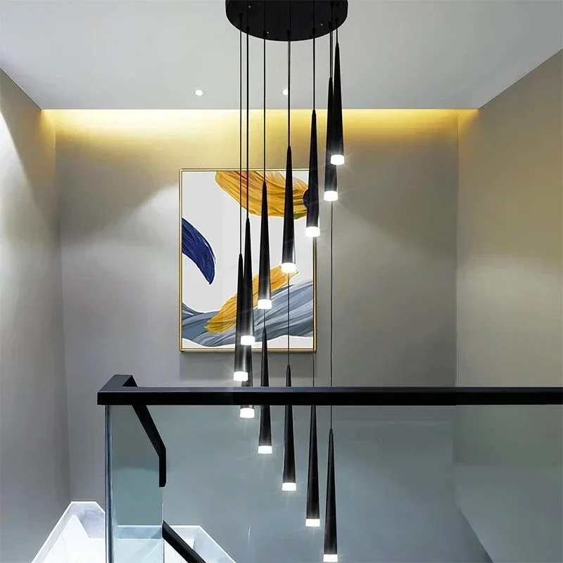 

Modern Led Staircase Chandelier Black Simple Long Indoor Lighting Fixtures Home Decor Pendant Hanging Lamps For Ceiling Lustre