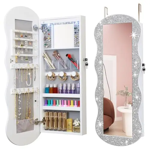 Jewelry Armoire Organizer, LED Jewelry Cabinet Wall/Door Mounted