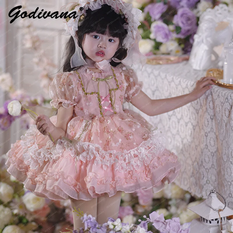 Sweet Baby Girls Tulle Pink Soft Flower Lolita Dress Childrens 2026 Summer New Heavy Puff Sleeve Lace Ruffle Princess Dresses