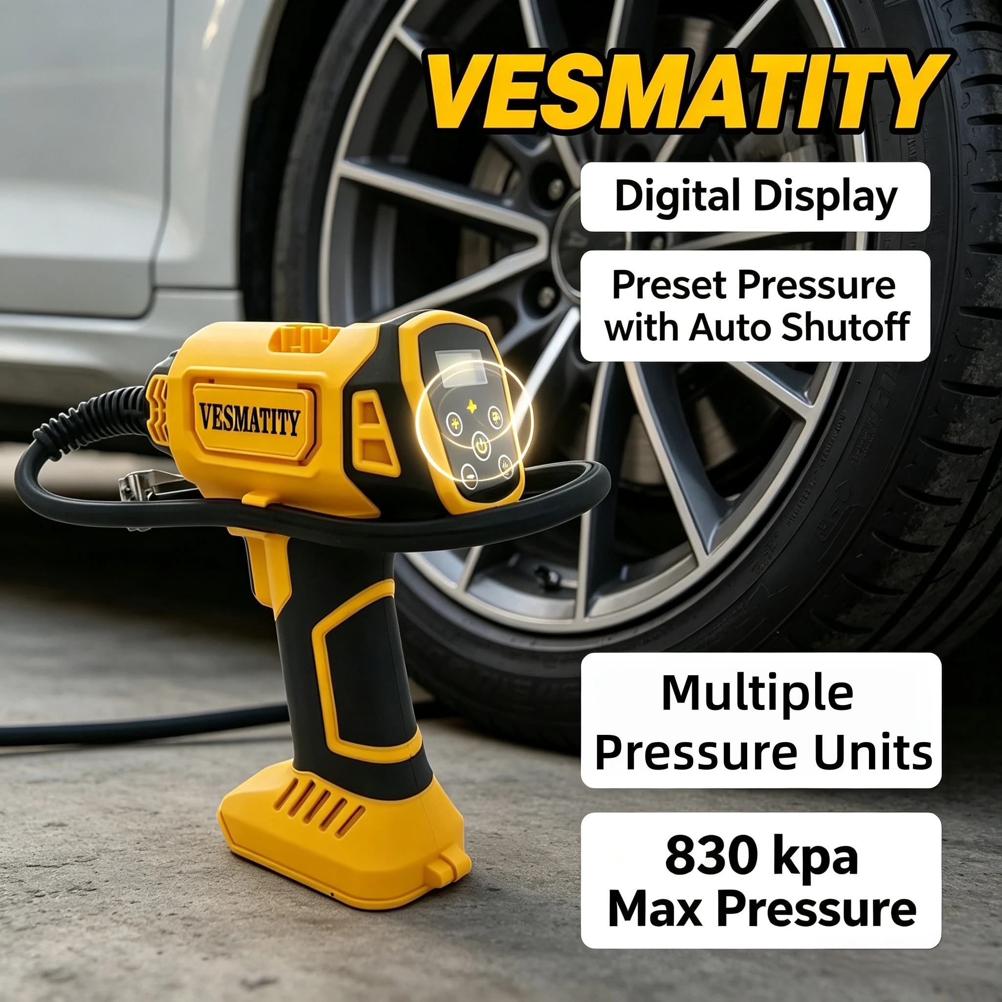 Vesmatity 830kpa Car Tire Inflator Portable Cordless Digital Display LED Light 20V Professional Heavy Duty 20V Battery Max
