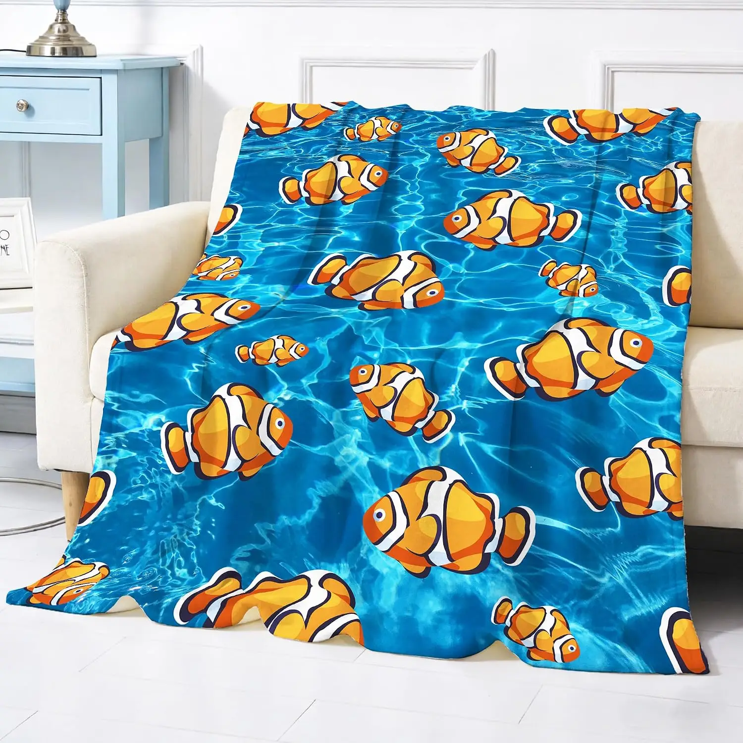 Bright Blue Underwater Ripple Cartoon Clownfish Flannel Throw Blanket Soft Warm Cover for Sofa Bed Ocean Kids Bedroom Decor
