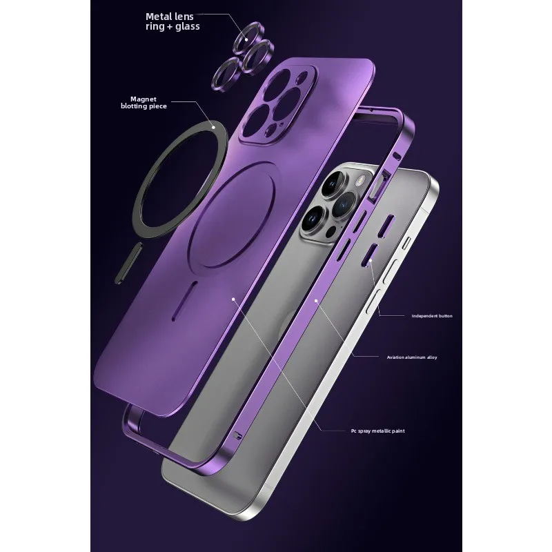 Aluminum Metal Frame Magnetic Case Wireless Charge Glass Lens Removable Backboard Cover for IPhone 14 13 12 Pro Max Plus Series