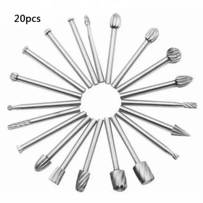 20pcs carpintaria arquivo rotativo carpintaria fresa madeira escultura em madeira de alta velocidade de aço carpintaria pequenos arquivos rotativos