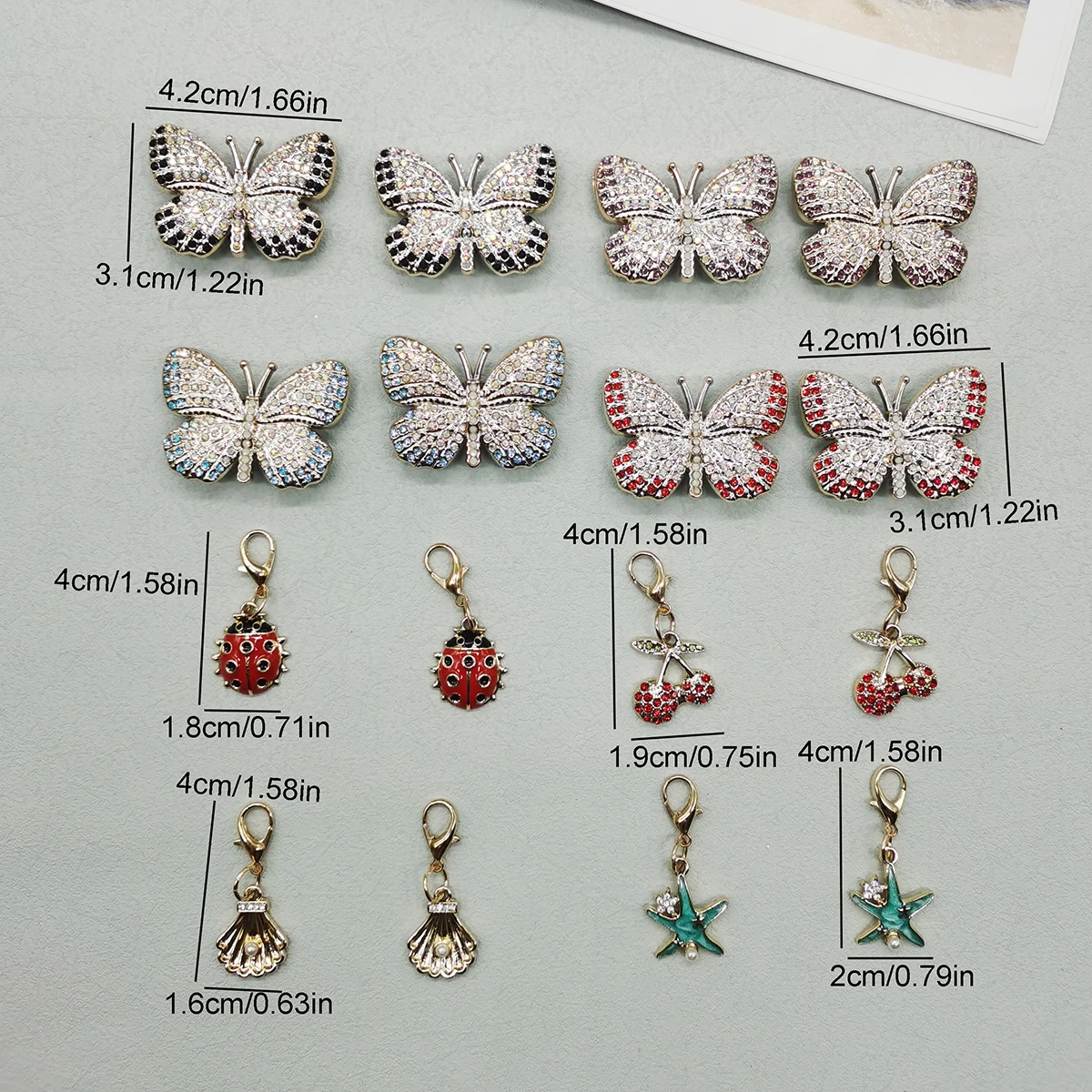 4PCS Rhinestone Butterfly Shoelaces Charms DIY Cherry Ladybug Shoe Pendants Decorations Shell Starfish Shoe Clips Accessories