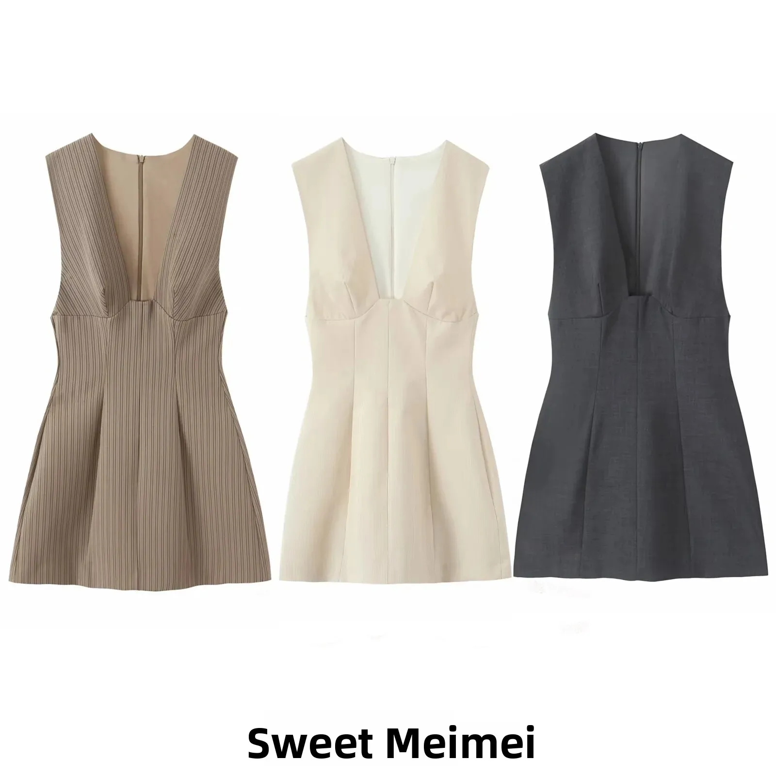 

Весна 2026: Элегантное женское короткое платье без рукавов, приталенное, в полоску, повседневное, с завышенной талией, из полиэстера, с V-образным вырезом, на молнии