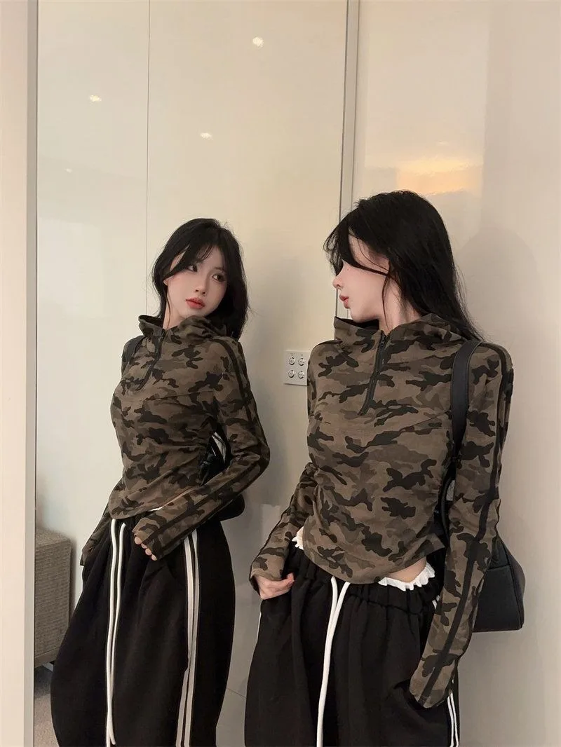 Damenmode Camo-Print Hoodie mit halbem Reißverschluss, Langarm-T-Shirt, einzigartiges Design, schmal geschnitten, lässiger Pullover-Oberteil für Damen – Detail 4