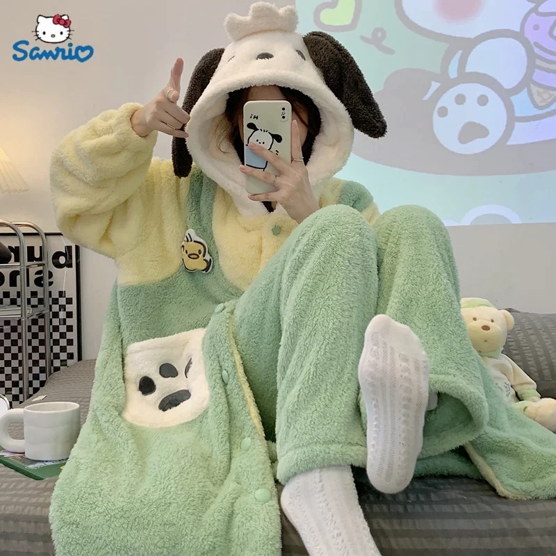 New Anime Pochacco Sanrio Kawaii Plush Pajama New Cute Winter Thickened Flannel Warm Homelike Hooded Bathrobe Set Birthday Gift