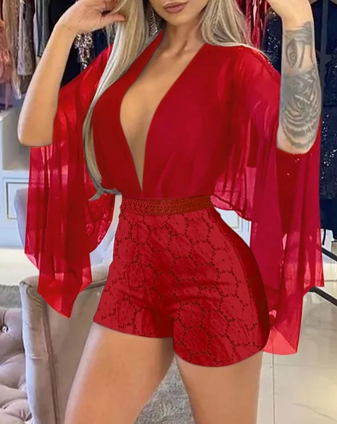 

Jumpsuit Women 2025 Spring New Fashion Contrast Lace Plunge V Neck Long Sleeve Romper Sexy Sheer Mesh Slim Fit Jumpsuit