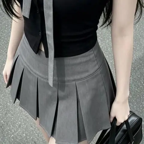 Korean 2 Piece Sets Short Sleeve Black Crop Tops A-line Pleated Mini Skirt Outfits Preppy Style Fashion Summer Cute Skirts Suit