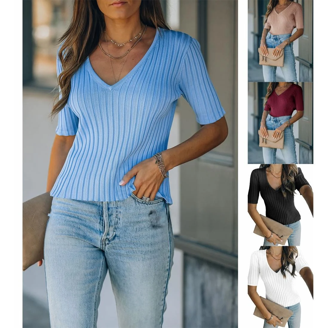 

Женский трикотаж Slim Fit V-Ne, однотонный базовый слой, топ, длинный све, осенний модный Ele, простой дизайн, повседневный стиль