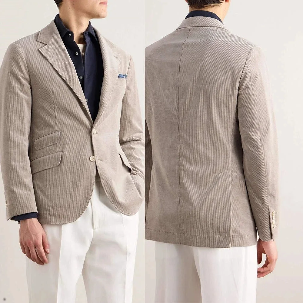 

Men's Jacket Beige Corduroy Notch Lapel Business Single Breasted Man Blazers Leisure corduroy Man Business office coat Custom