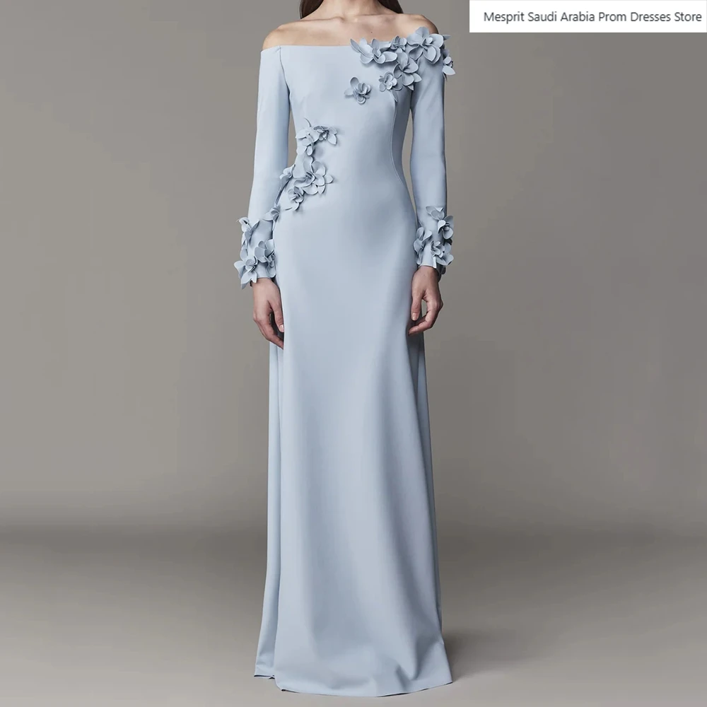 

Mermaid Women's Evening Dresses Floor-length Off The Shoulder Full Sleeve Prom Gown Fashion Flowers Draped Customized Gowns