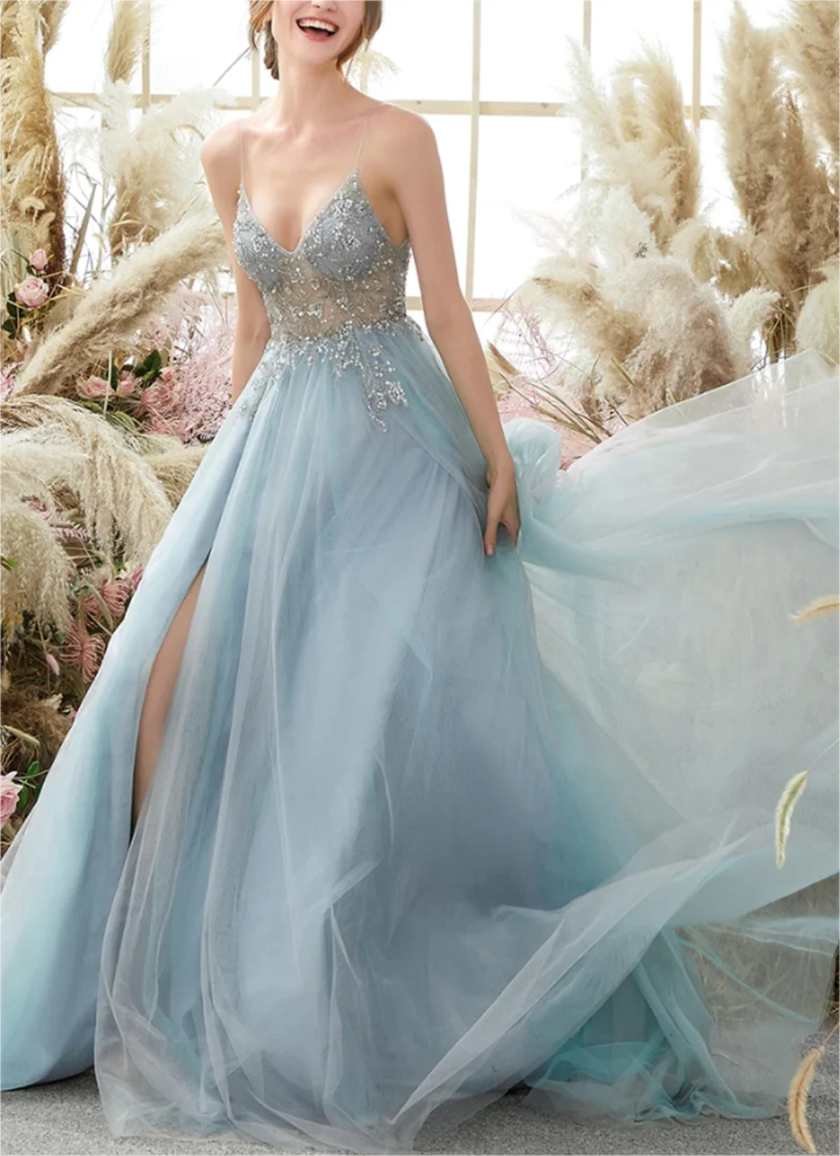 Sky Blue Lace Bandeau Prom Gown Sexy Cut-Out See-Through Slit Tulle Evening Dress Sweet Print Sleeveless Back Tie Private Custom