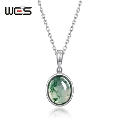 WES 925 Sterling Silver Pendant Necklace for Woman Round Natural Moss Agate 8*10mm Fashion Jewelry Wedding Party Gifts Gemstone