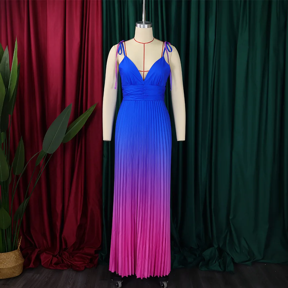 CM.YAYA Women Gradient Color Tie Up Stap Sleeveless Pleated Backless V-neck  Maxi Dress 2023 Fashion Street Vestidos Sexy Dresses - AliExpress 200000345
