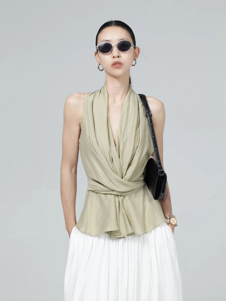 

Женский топ Biossance из льна с V-образным вырезом, завязками на талии, асимметричным подолом, приталенный, однотонный...