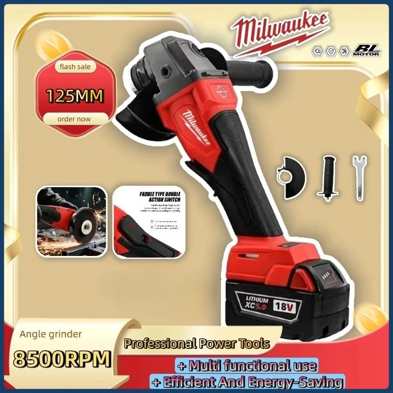 

Milwaukee 125mm Cordless Angle Grinder Polishing Cutting Machine No-Lock Paddle Switch Electric Brushless Power Tools