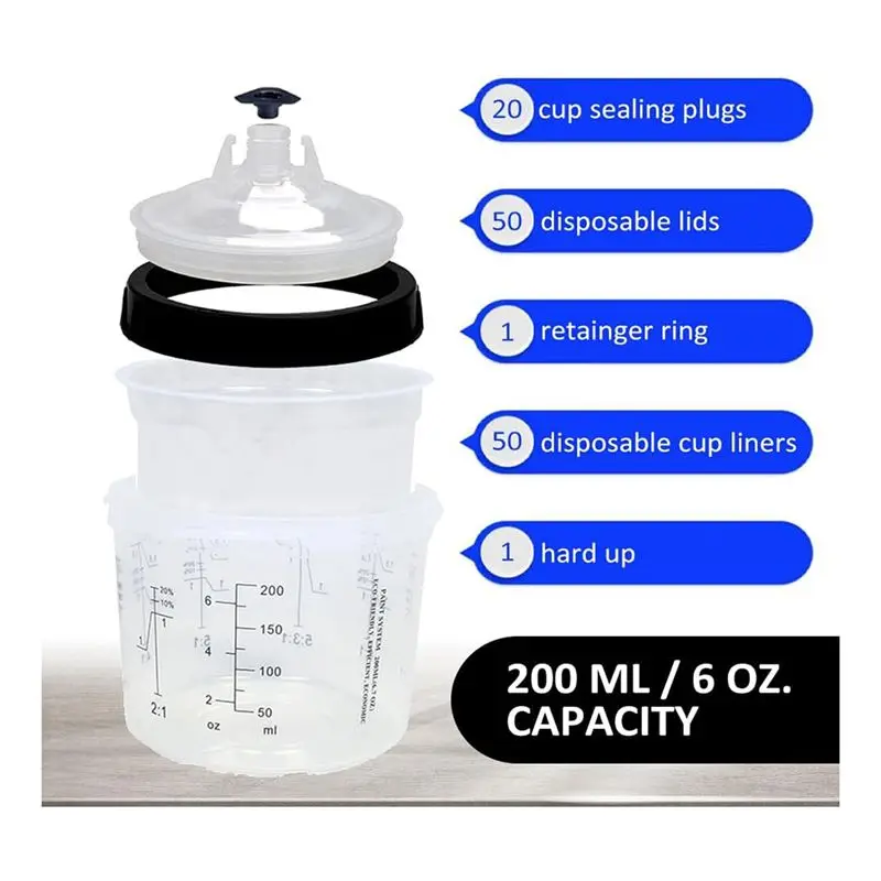 A21Q - بطانة وغطاء للرش أو مسدس طلاء السيارة، 50 عبوة من أكواب الرش مع غطاء، كوب صلب واحد مع حلقة الاحتفاظ #3