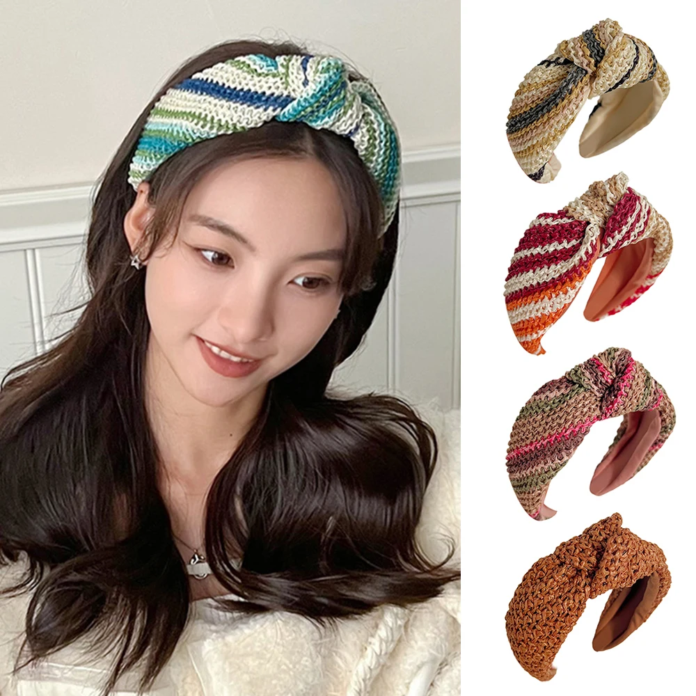 1Pc Hair Hoop Knitted Center Knot Headband Wide-brimmed Straw Woven Hair Hoop Handmade Colorful Weaving Head Hoop Hair Accessory