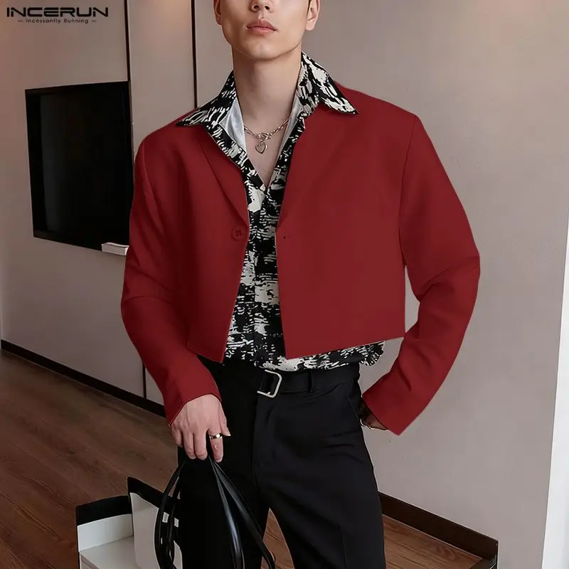 INCERUN Men Blazer Solid Color Lapel Long Sleeve One Button Male Suits Streetwear Loose Korean Style Fashion Casual Thin Coats