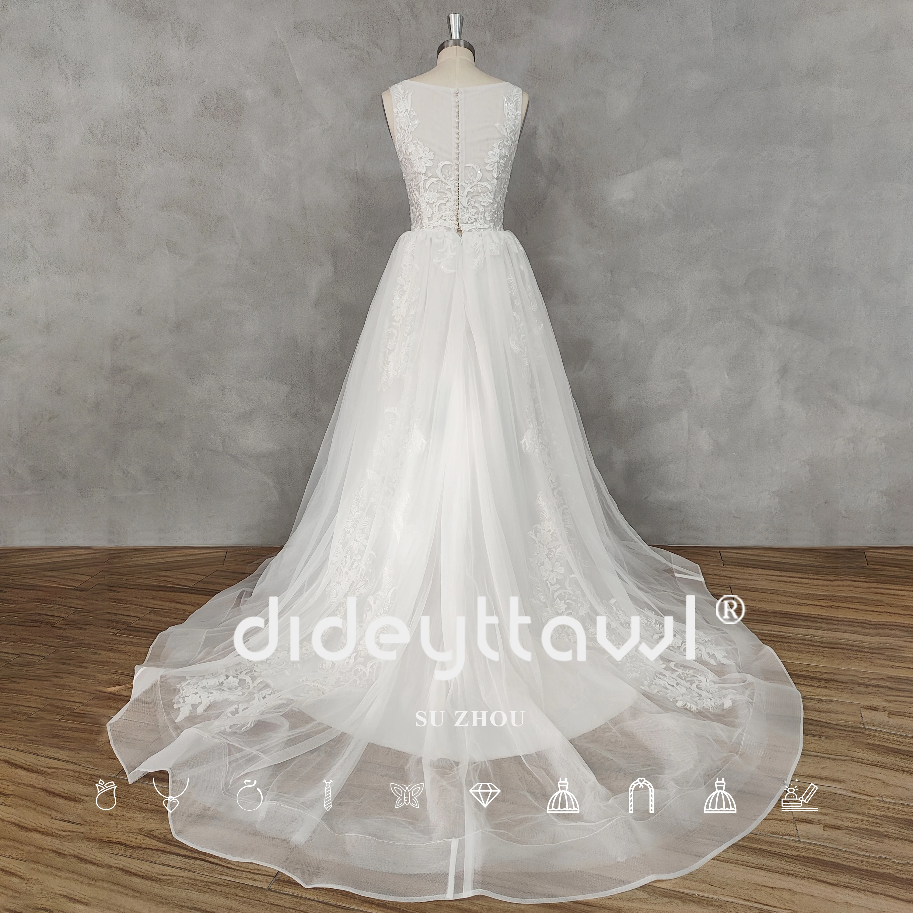 DIDEYTTAWL Real Picture V-Neck Appliques A-Line Tulle Wedding Dress Button Back Court Train Bridal Gown Custom Made