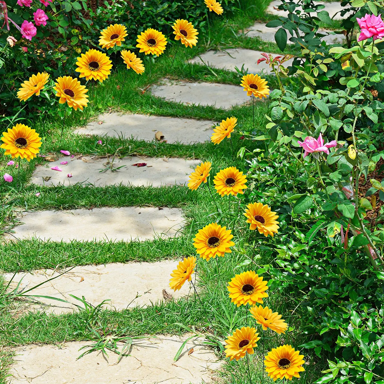 5Pcs Sunflower Stake Garden Simulation Sunflower Sign ornament Outdoor Lawn post Yard Flower Plant Stake home garden Decoration