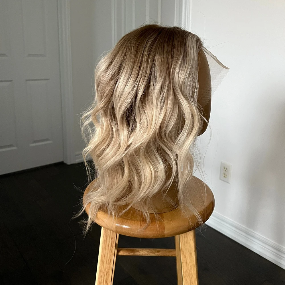 Full Lace Wigs Ashy Balayage Platinum Blonde with Shadow Roots Short Wavy Virgin Human Hair HD Lace Front Wig 13x6 Pre Plucked